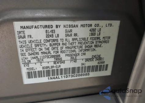 2003 Nissan Altima 2.5 S z USA, uszkodzony, nr VIN 1N4AL11D73C208985